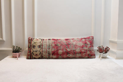 Vintage Turkish Rug Lumbar Pillow: Red Boho Cushion (12x36 inch)