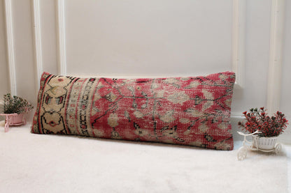 Vintage Turkish Rug Lumbar Pillow: Red Boho Cushion (12x36 inch)