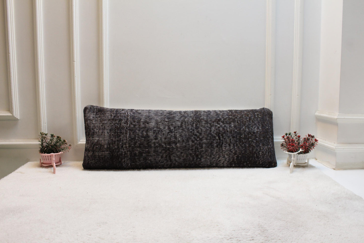 Vintage Turkish Rug Lumbar Pillow: Dark Textured Boho Cushion (12x36 inch)