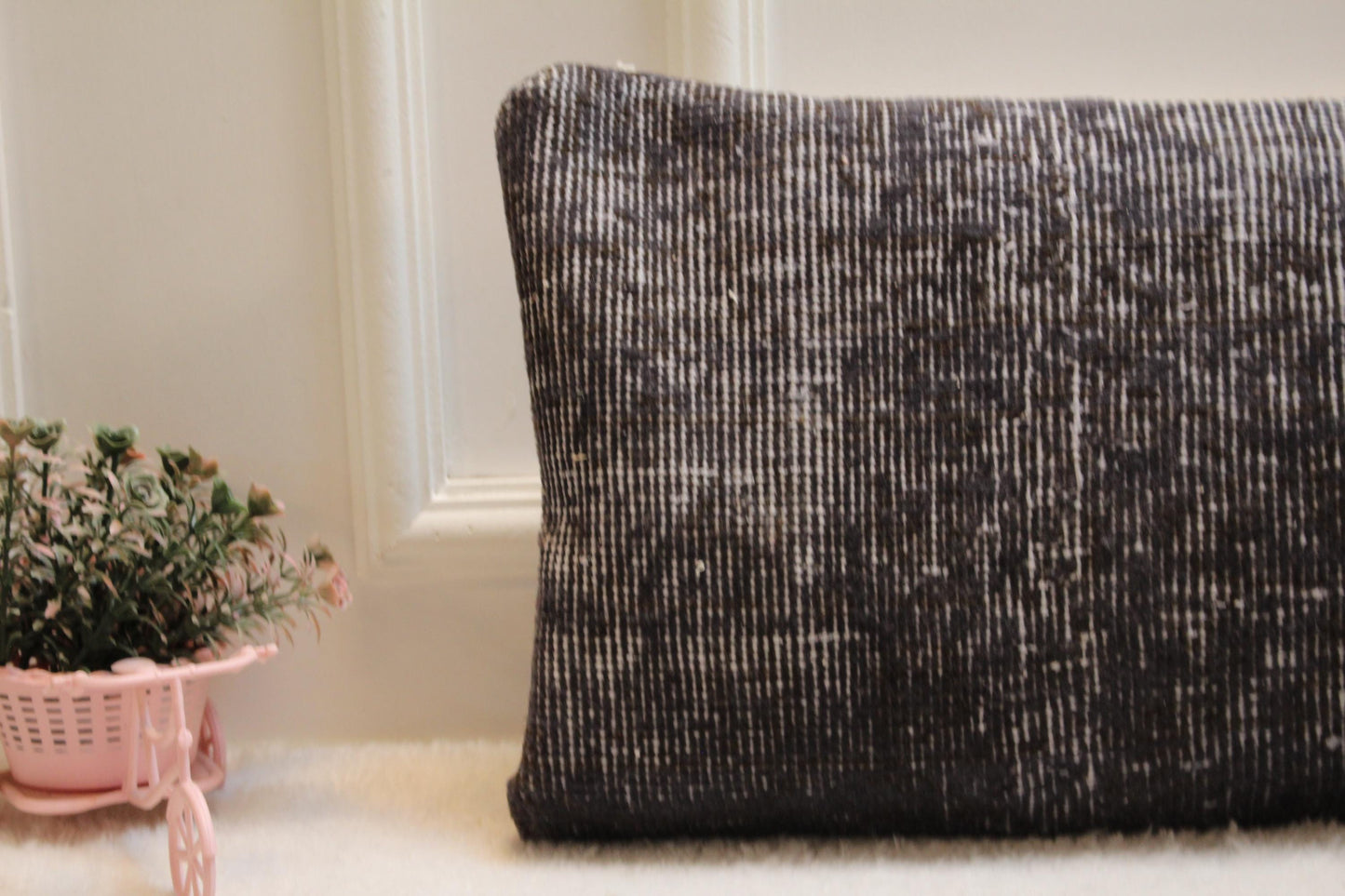 Vintage Turkish Rug Lumbar Pillow: Dark Textured Boho Cushion (12x36 inch)