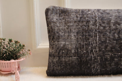 Vintage Turkish Rug Lumbar Pillow: Dark Textured Boho Cushion (12x36 inch)