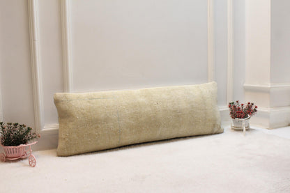 Beige Lumbar Pillow: Vintage Turkish Kilim Style, Boho Cushion (12x36)