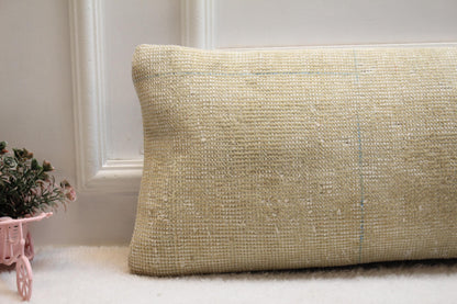 Beige Lumbar Pillow: Vintage Turkish Kilim Style, Boho Cushion (12x36)