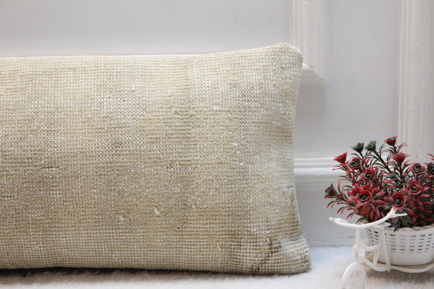 Beige Lumbar Pillow: Vintage Turkish Kilim Style, Boho Cushion (12x36)