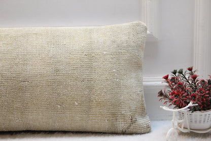 Beige Lumbar Pillow: Vintage Turkish Kilim Style, Boho Cushion (12x36)