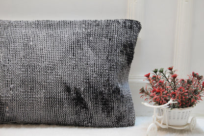 Charcoal Gray Lumbar Pillow Cover: Vintage Turkish Rug Print, 12x36 Boho Cushion