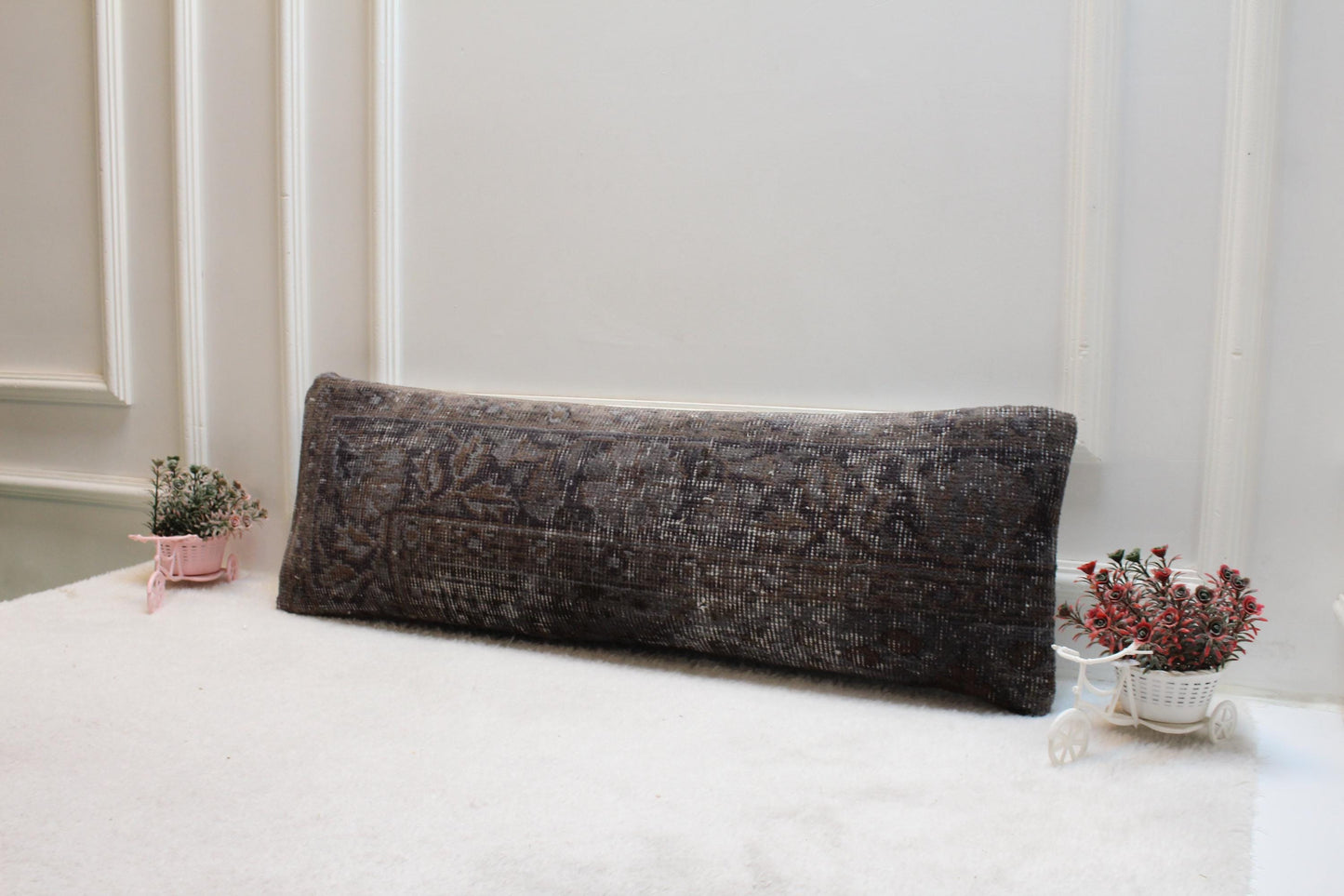 Black Lumbar Pillow Cover 12x36: Turkish Rug Print, Boho Cushion