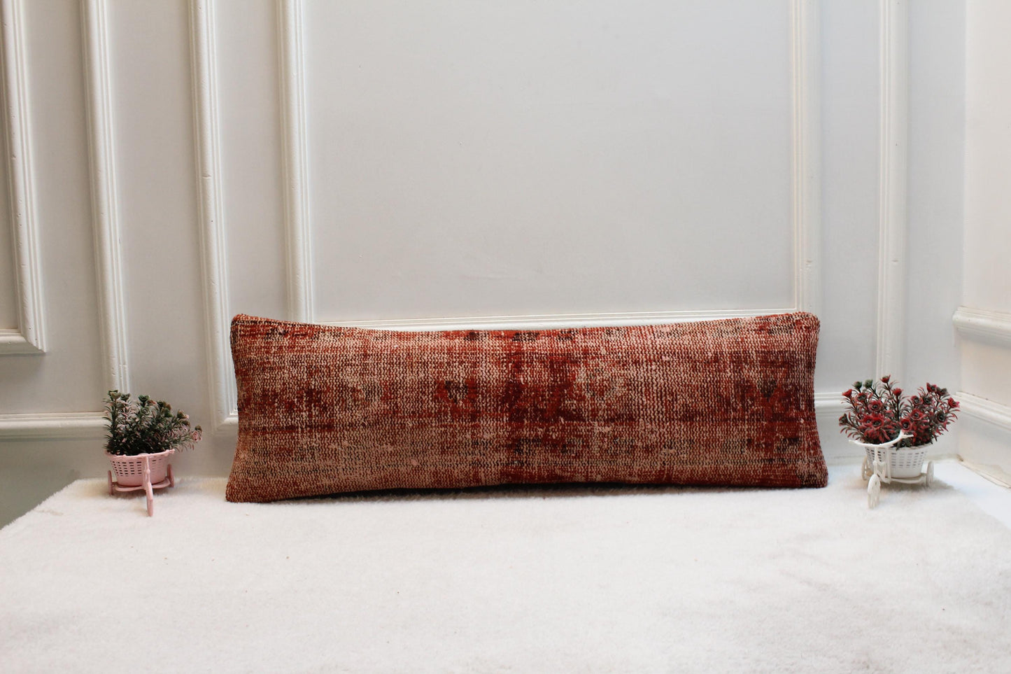 Vintage Turkish Rug Lumbar Pillow Cover: Rust Red Boho Print (12x36)