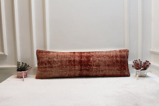 Vintage Turkish Rug Lumbar Pillow Cover: Rust Red Boho Print (12x36)