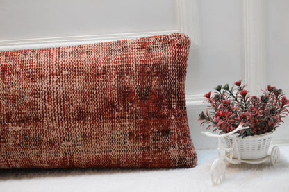 Vintage Turkish Rug Lumbar Pillow Cover: Rust Red Boho Print (12x36)