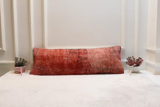 Vintage Turkish Rug Lumbar Pillow: Red Kilim Cushion, Boho Decor (12x24)