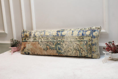 Vintage Turkish Rug Lumbar Pillow Cover: 12x24 Beige Blue Boho Cushion
