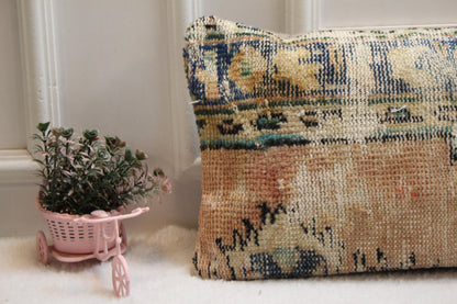 Vintage Turkish Rug Lumbar Pillow Cover: 12x24 Beige Blue Boho Cushion