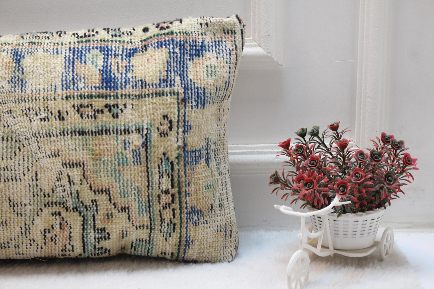 Vintage Turkish Rug Lumbar Pillow Cover: 12x24 Beige Blue Boho Cushion