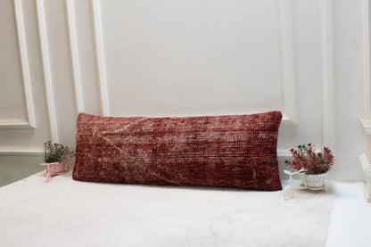Red Turkish Kilim Pillow: Vintage Handwoven Wool Lumbar Cushion (12x36)