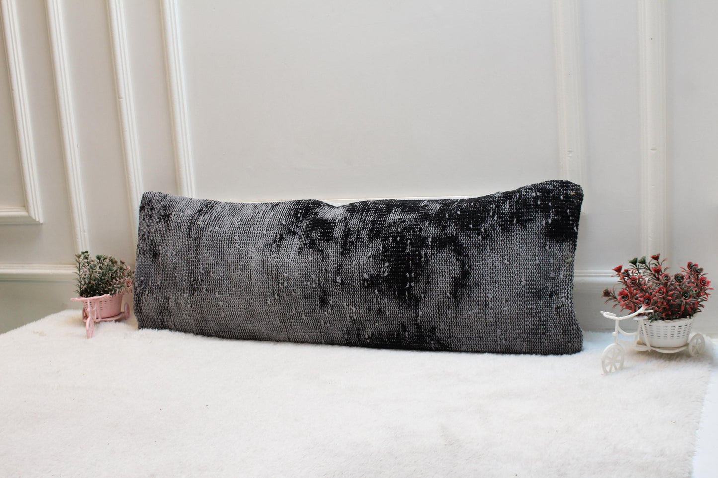 Handmade Gray Kilim Lumbar Pillow: Rustic Turkish Wool Cushion (12x36 inch)