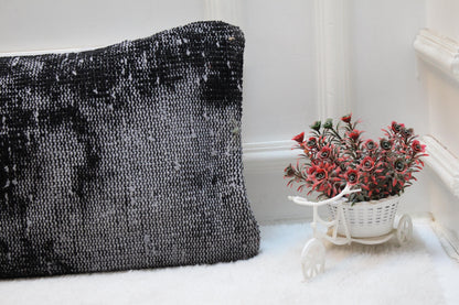 Handmade Gray Kilim Lumbar Pillow: Rustic Turkish Wool Cushion (12x36 inch)