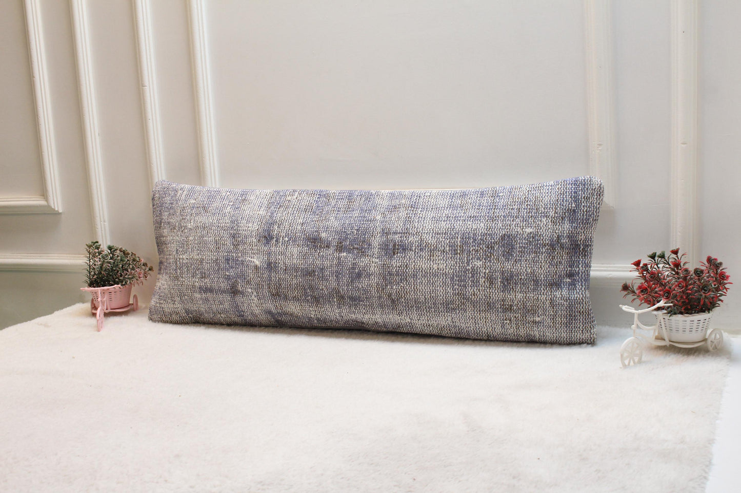 Handmade Turkish Lumbar Pillow Cover: Upcycled Wool Boho Design (12x36 in)
