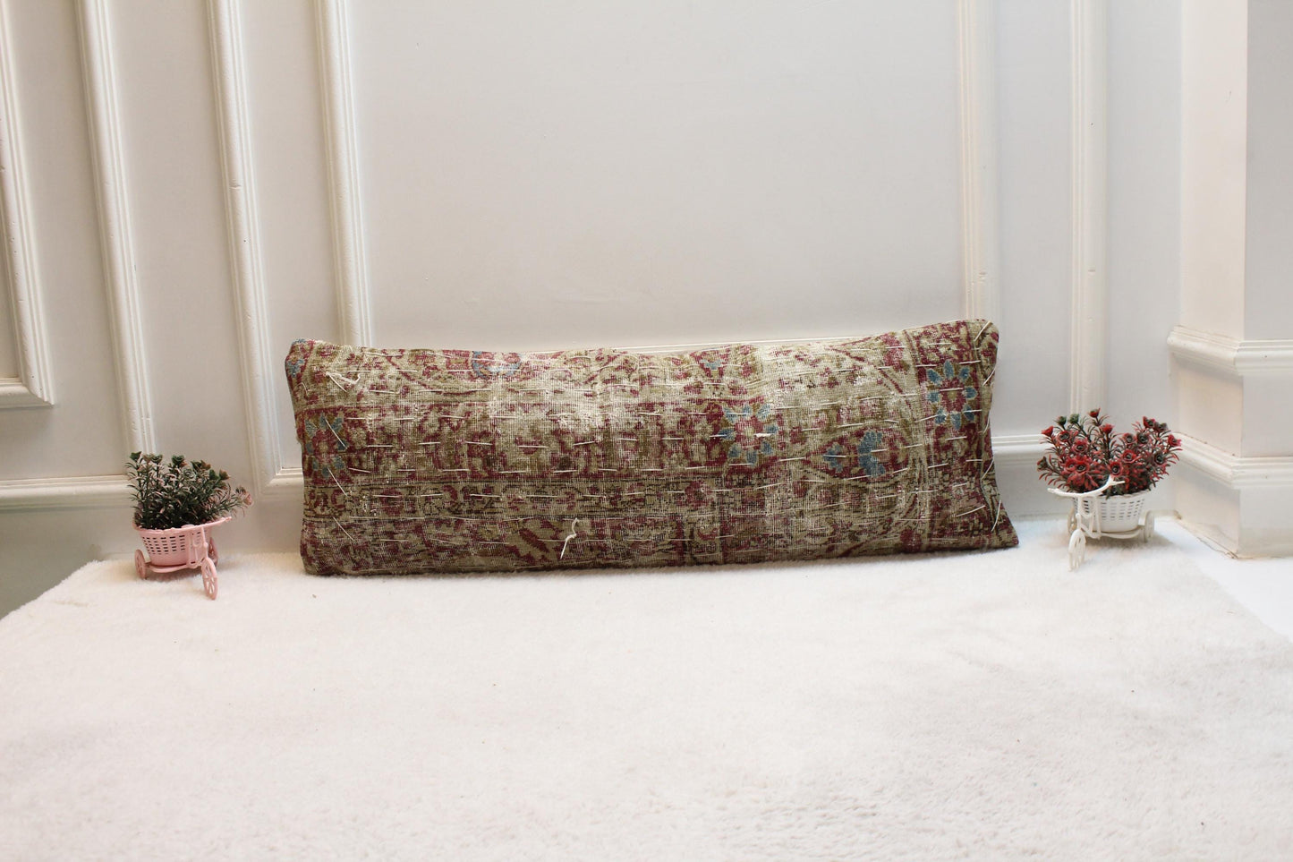Brown Turkish Rug Lumbar Pillow Cover: Vintage Woven Wool (12x36 in)