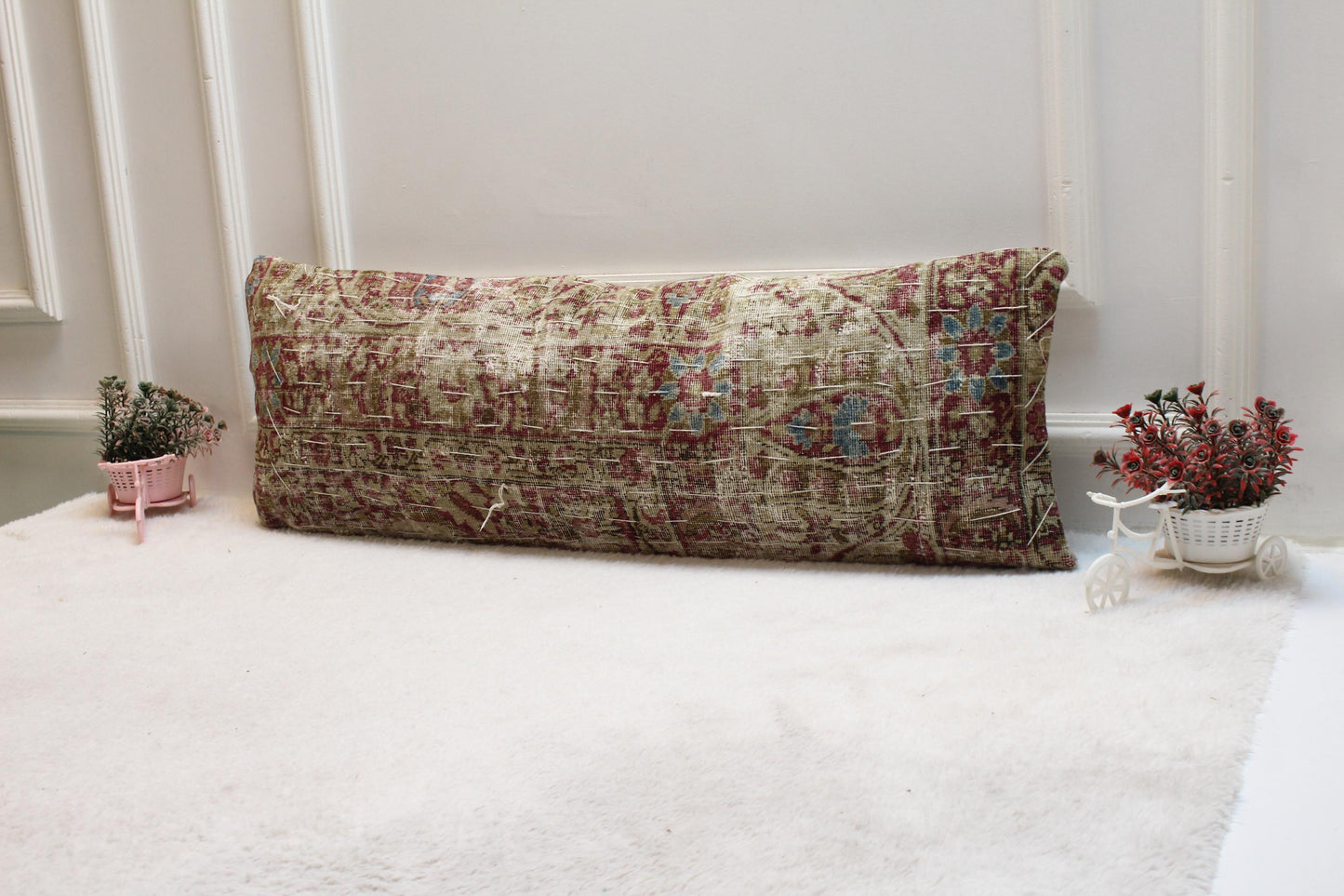 Brown Turkish Rug Lumbar Pillow Cover: Vintage Woven Wool (12x36 in)