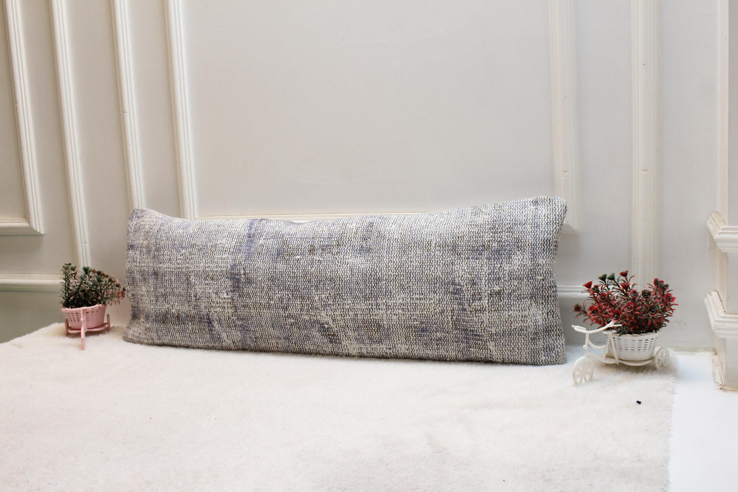 Purple Vintage Turkish Rug Lumbar Pillow Cover: 12x36 Organic Wool Pillow