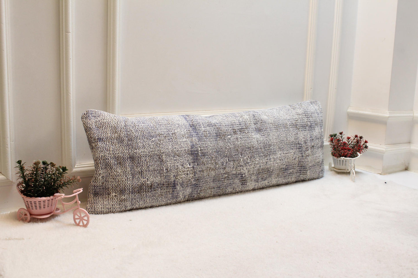 Purple Vintage Turkish Rug Lumbar Pillow Cover: 12x36 Organic Wool Pillow