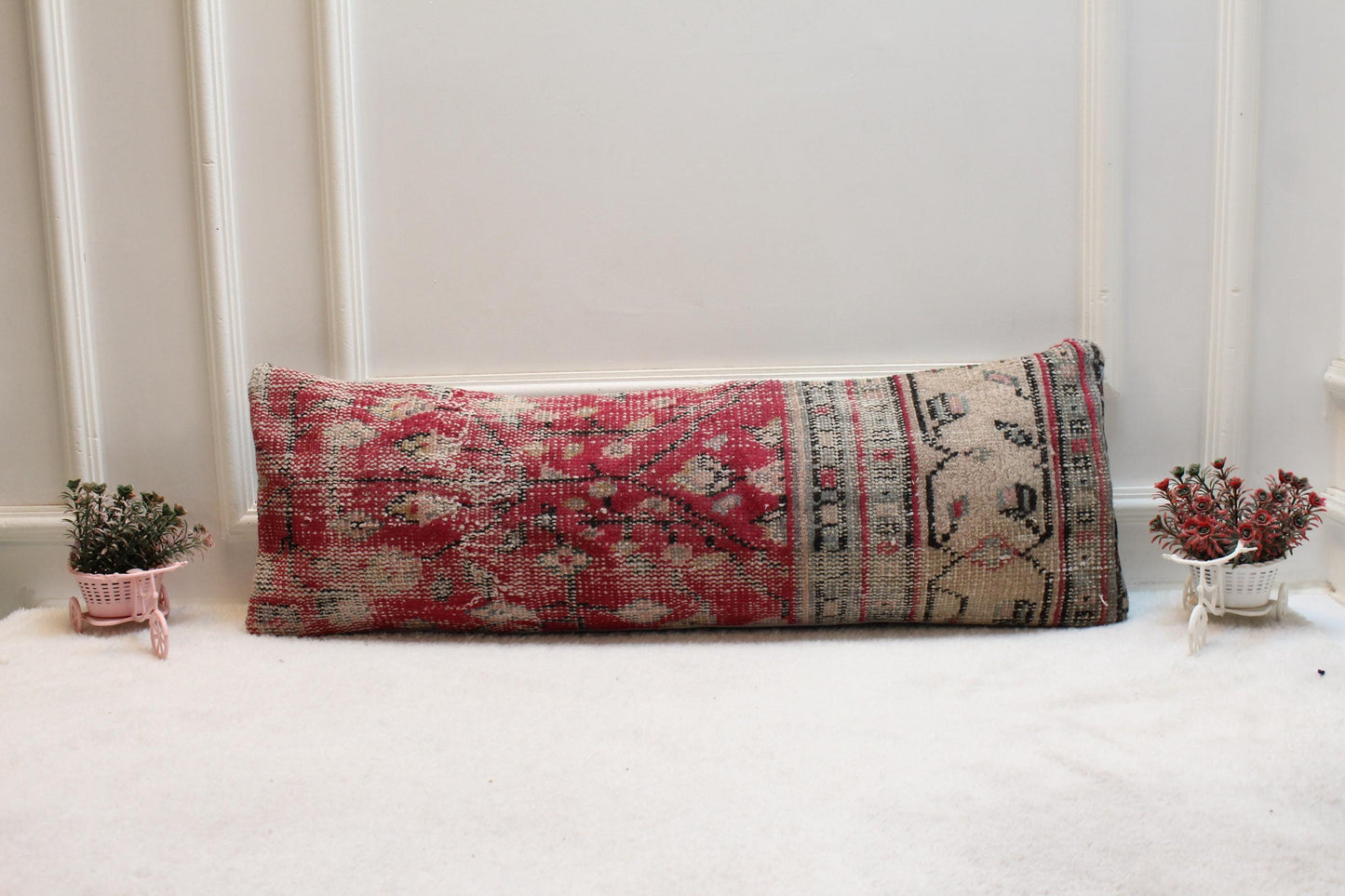 Vintage Turkish Rug Lumbar Pillow Cover: Organic Wool, 12x36 inch