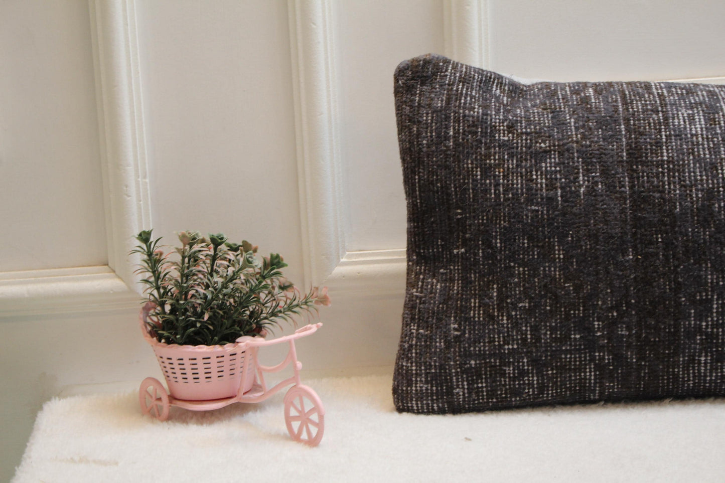 Handmade Gray Kilim Lumbar Pillow Cover: Upcycled Woven Rug (12x36 in)