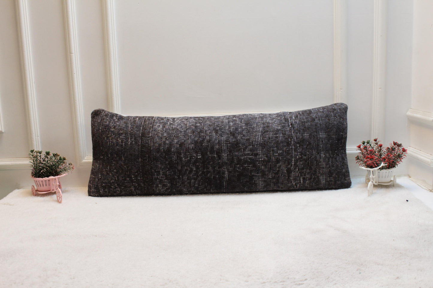 Handmade Gray Kilim Lumbar Pillow Cover: Upcycled Woven Rug (12x36 in)