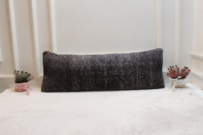Handmade Gray Kilim Lumbar Pillow Cover: Upcycled Woven Rug (12x36 in)