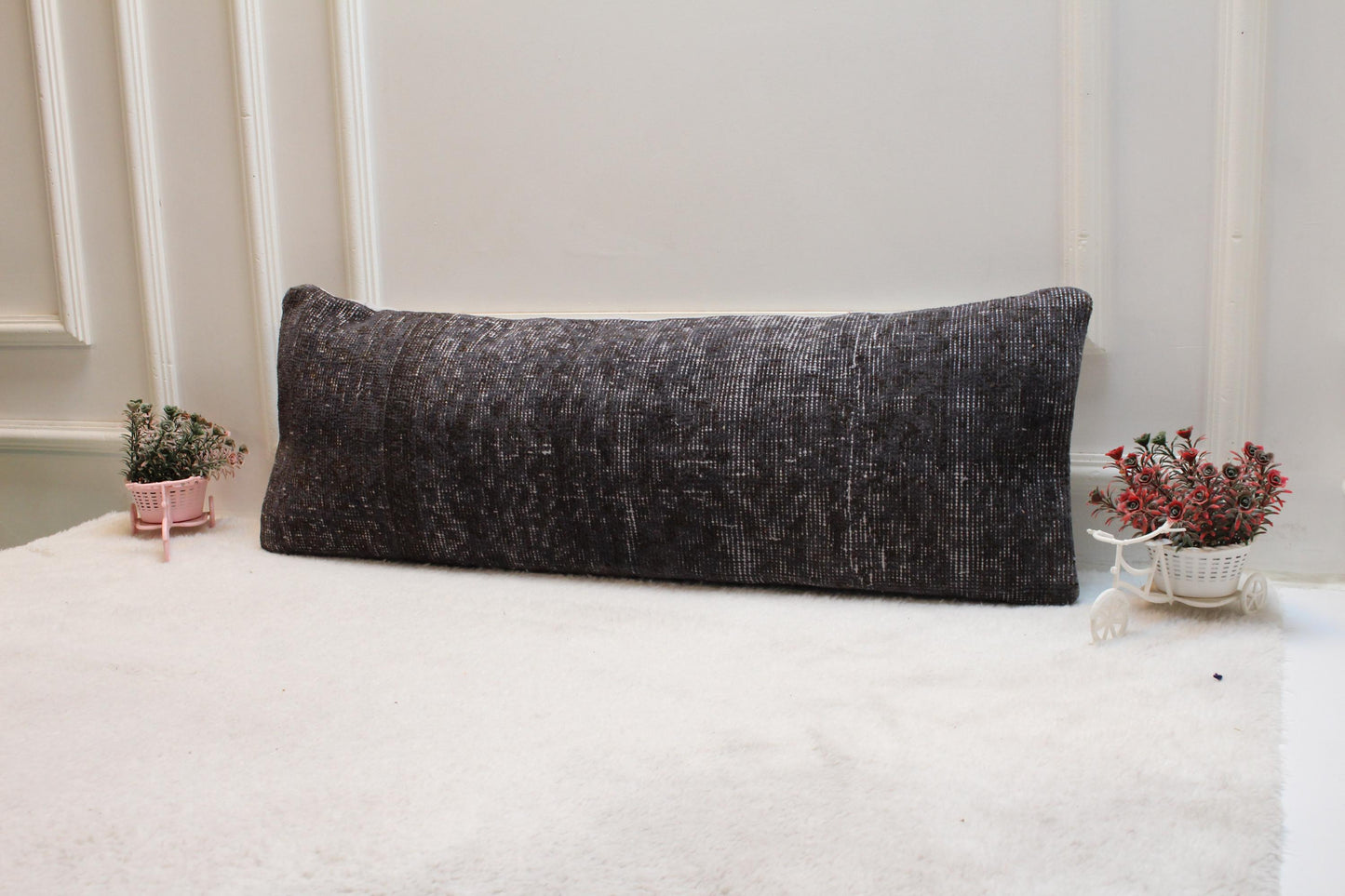 Handmade Gray Kilim Lumbar Pillow Cover: Upcycled Woven Rug (12x36 in)