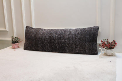 Handmade Gray Kilim Lumbar Pillow Cover: Upcycled Woven Rug (12x36 in)