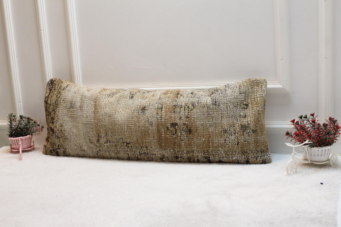 Handmade Kilim Lumbar Pillow Cover: Upcycled Woven Rug, Boho Design (12x36 in)