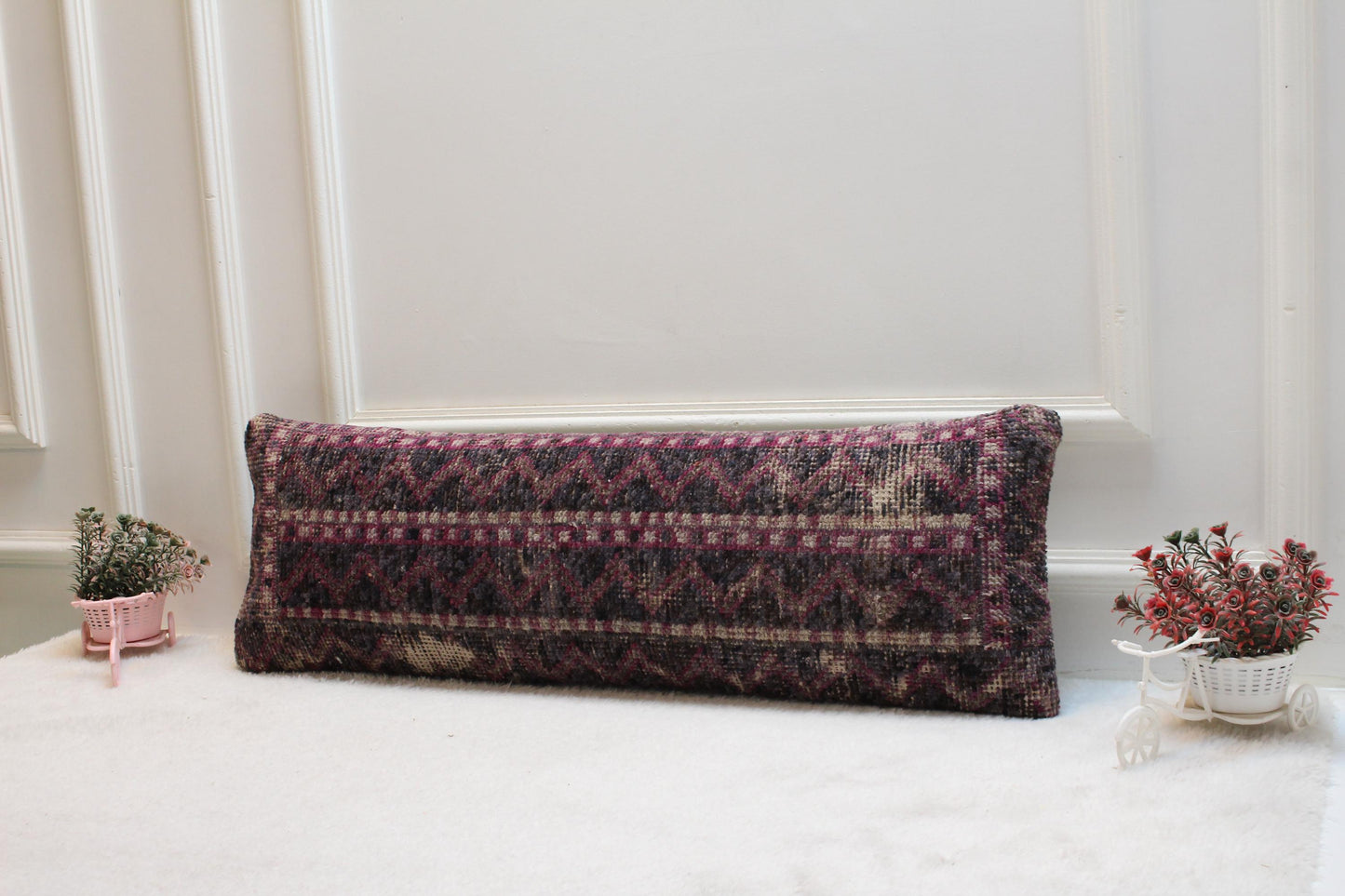 Handmade Turkish Lumbar Pillow Cover: Organic Wool, Purple Gray Rug (12x36 in)
