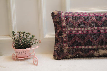 Handmade Turkish Lumbar Pillow Cover: Organic Wool, Purple Gray Rug (12x36 in)