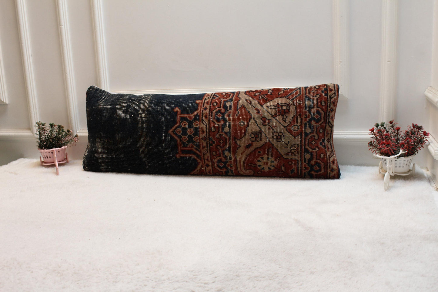 Vintage Turkish Rug Lumbar Pillow Cover: Upcycled Kilim, 12x36 inch