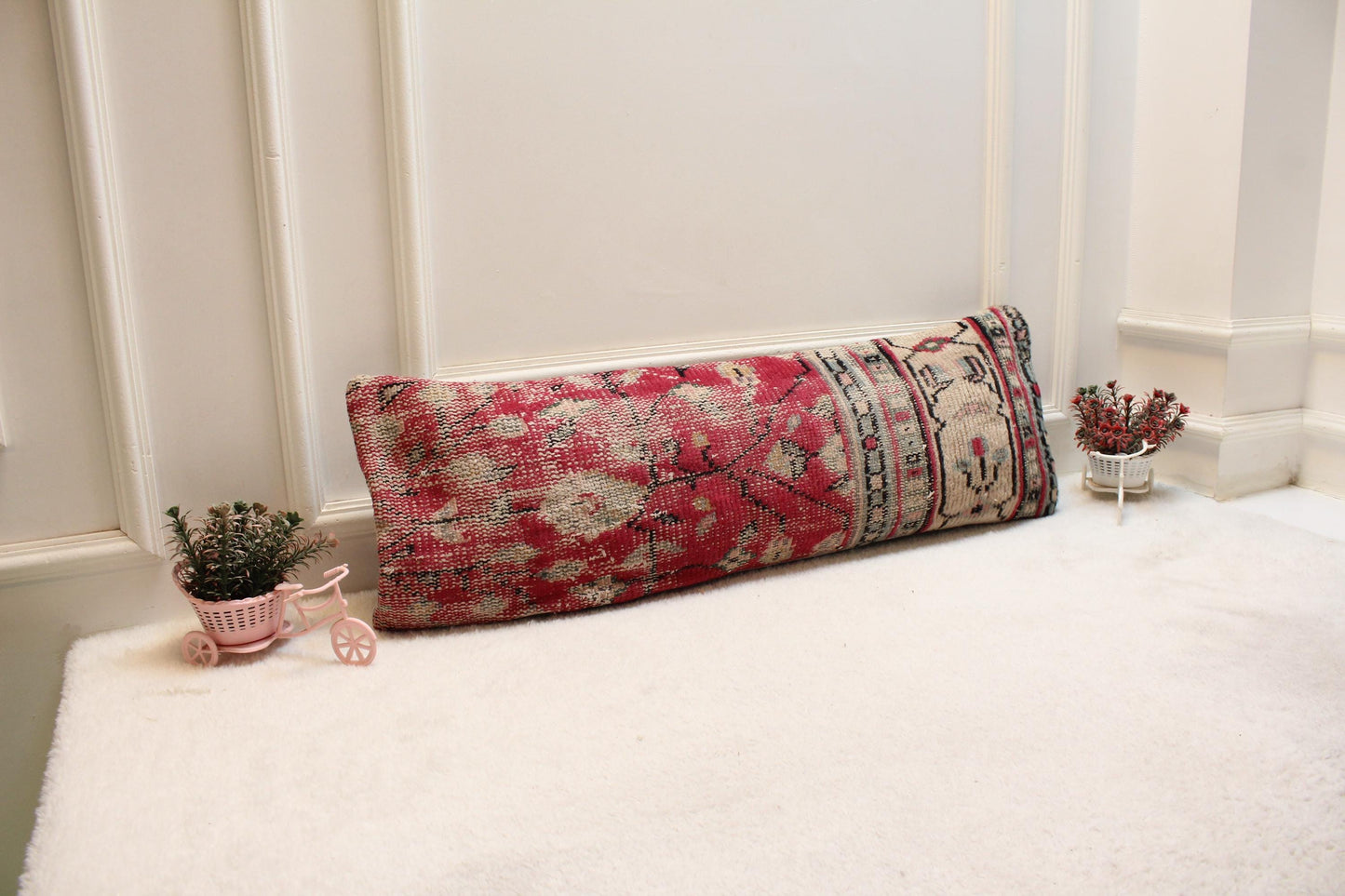 Vintage Turkish Rug Lumbar Pillow Cover: Red Beige Wool, 12x36 inch
