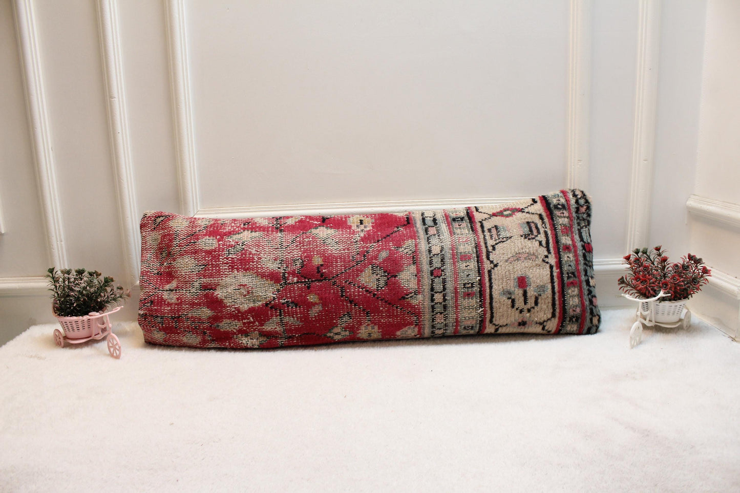 Vintage Turkish Rug Lumbar Pillow Cover: Red Beige Wool, 12x36 inch