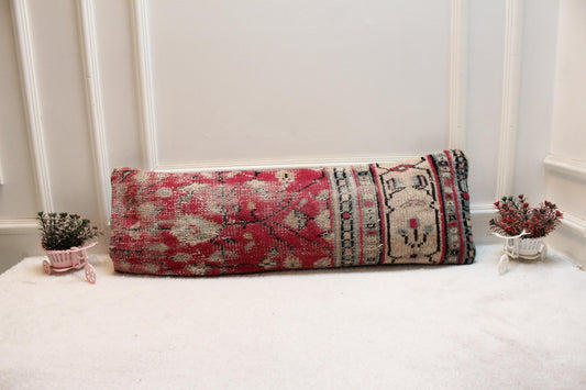Vintage Turkish Rug Lumbar Pillow Cover: Red Beige Wool, 12x36 inch