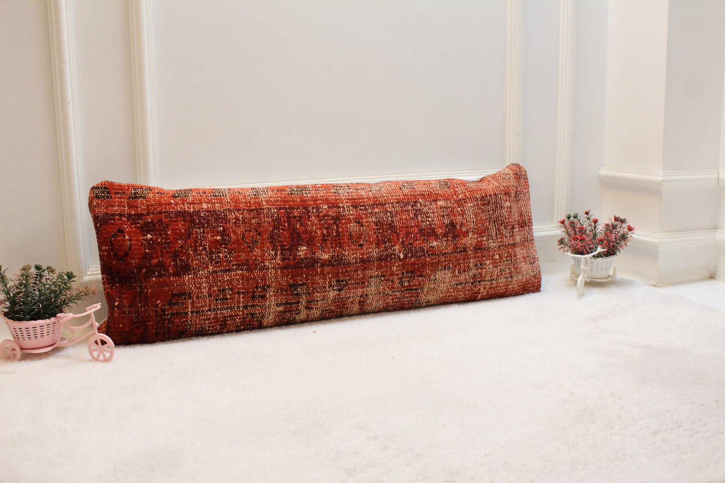 Red Vintage Turkish Rug Lumbar Pillow Cover: Handmade Wool (12x36 in)