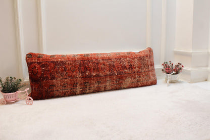 Red Vintage Turkish Rug Lumbar Pillow Cover: Handmade Wool (12x36 in)