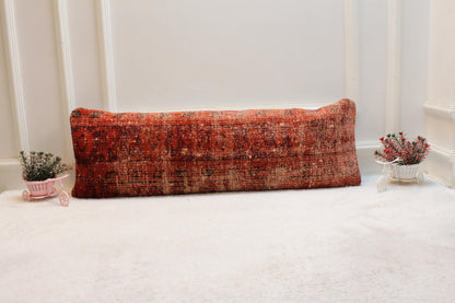 Red Vintage Turkish Rug Lumbar Pillow Cover: Handmade Wool (12x36 in)