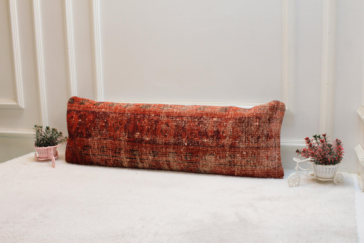 Red Vintage Turkish Rug Lumbar Pillow Cover: Handmade Wool (12x36 in)