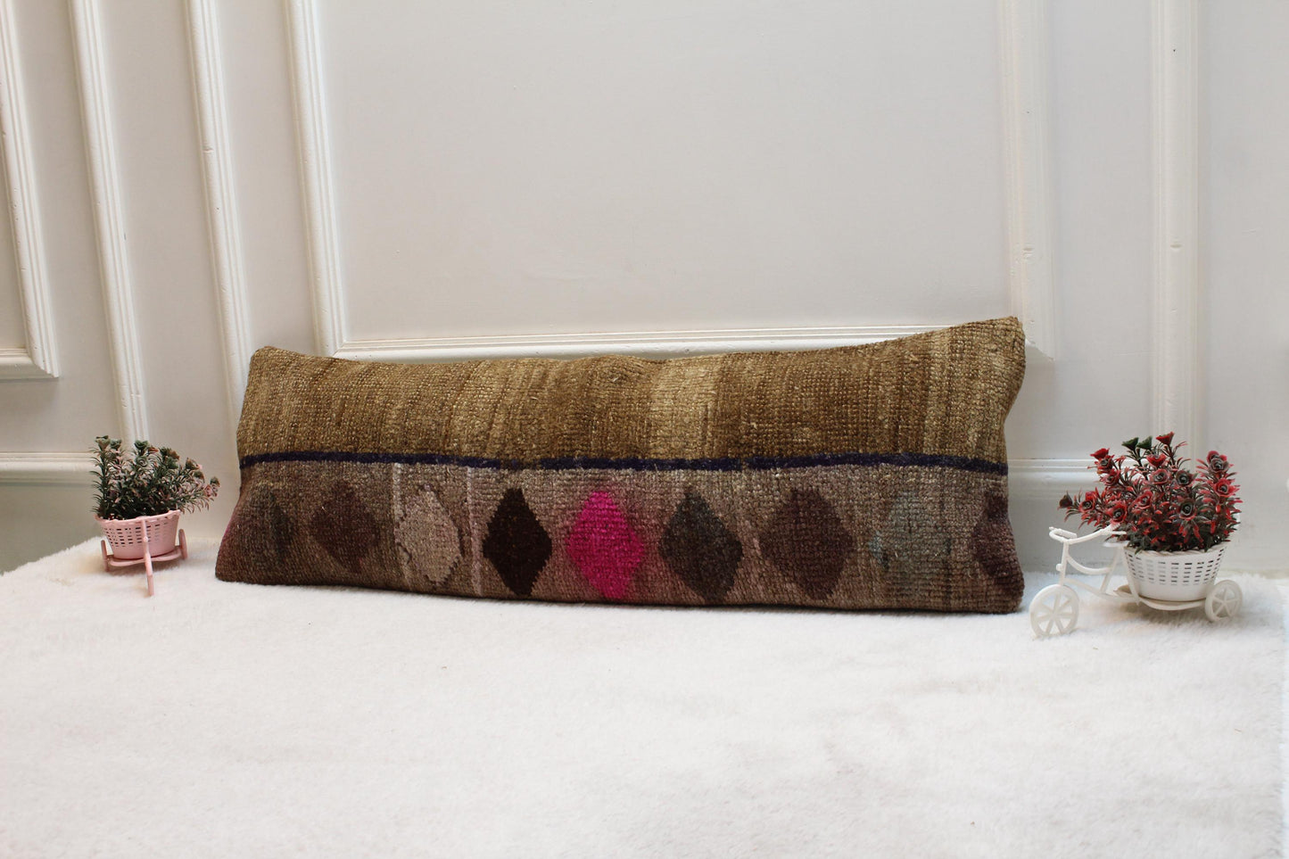 Handmade Turkish Rug Lumbar Pillow Cover: Brown, Pink & Blue (12x36 in)