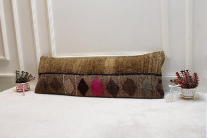 Handmade Turkish Rug Lumbar Pillow Cover: Brown, Pink & Blue (12x36 in)