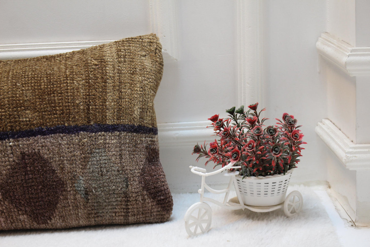 Handmade Turkish Rug Lumbar Pillow Cover: Brown, Pink & Blue (12x36 in)