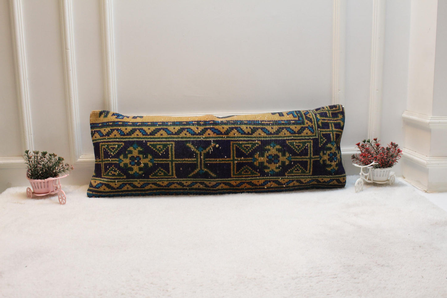 Vintage Turkish Rug Lumbar Pillow Cover: 12x36 inc, Orange Green