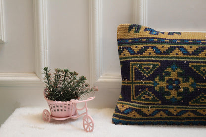 Vintage Turkish Rug Lumbar Pillow Cover: 12x36 inc, Orange Green