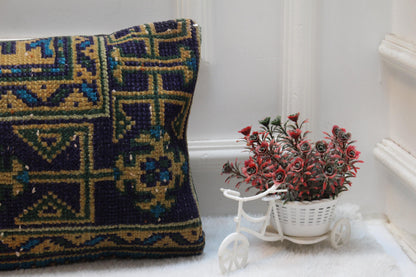 Vintage Turkish Rug Lumbar Pillow Cover: 12x36 inc, Orange Green