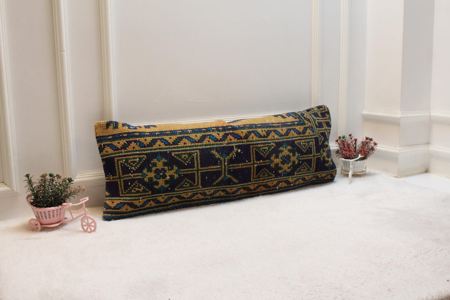 Vintage Turkish Rug Lumbar Pillow Cover: 12x36 inc, Orange Green